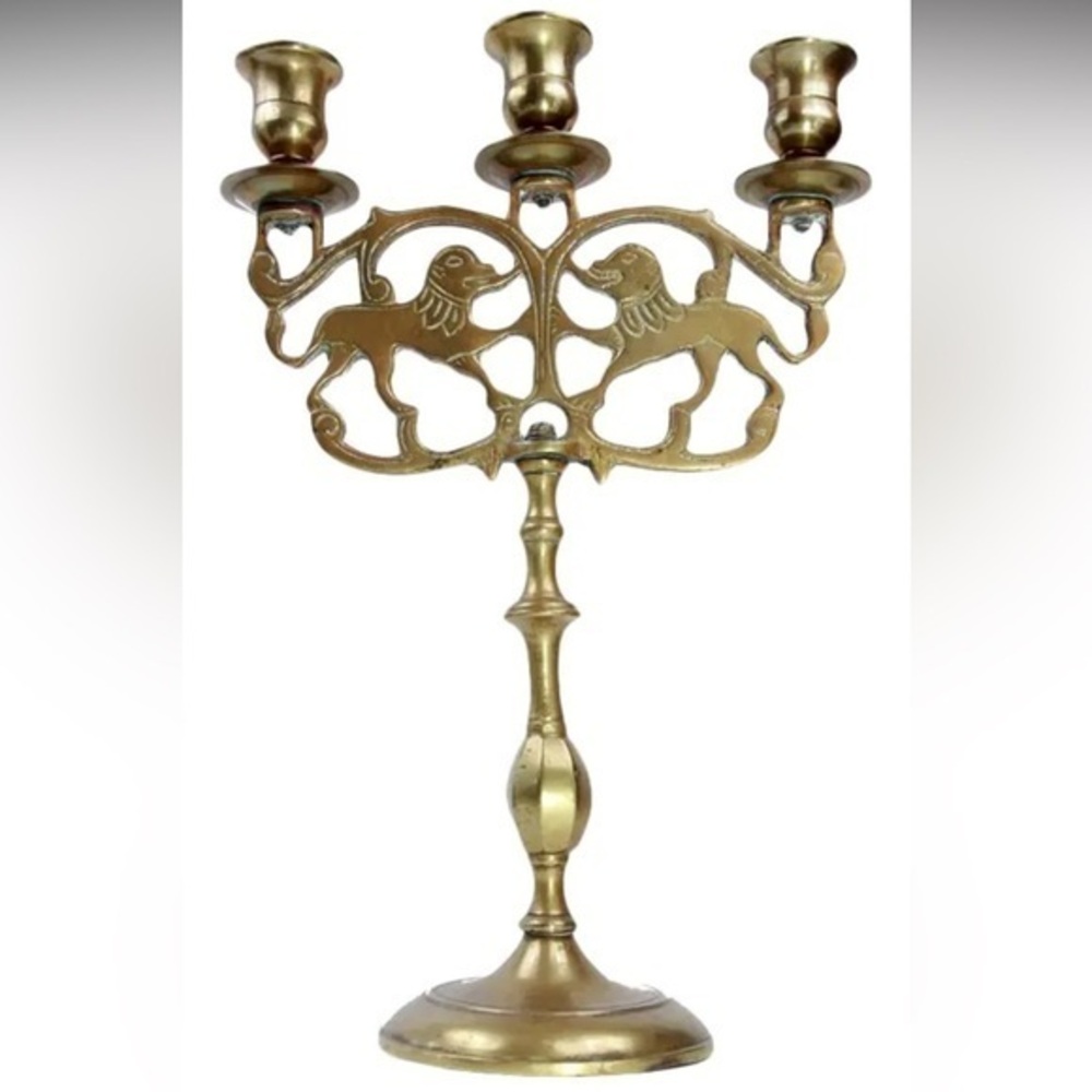 Antique Brass Lions of Judah 3-Cup Sabbath Candelabra Late 19th Century Pair